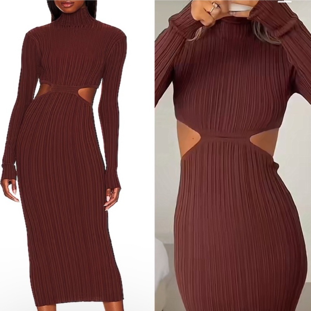 L'Academie Ribbed Midi Dress in Chocolate Brown
